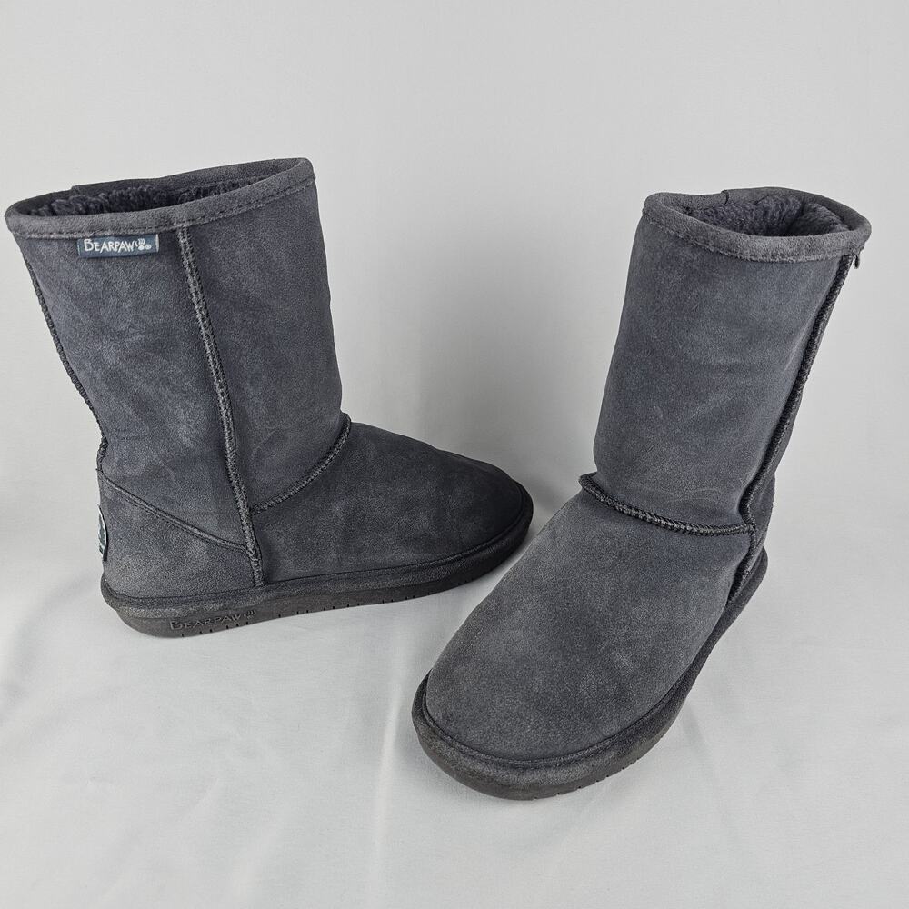 Bearpaw Emma Short Suede Boots Women 8 Charcoal Gray Shearling Winter Sheepskin